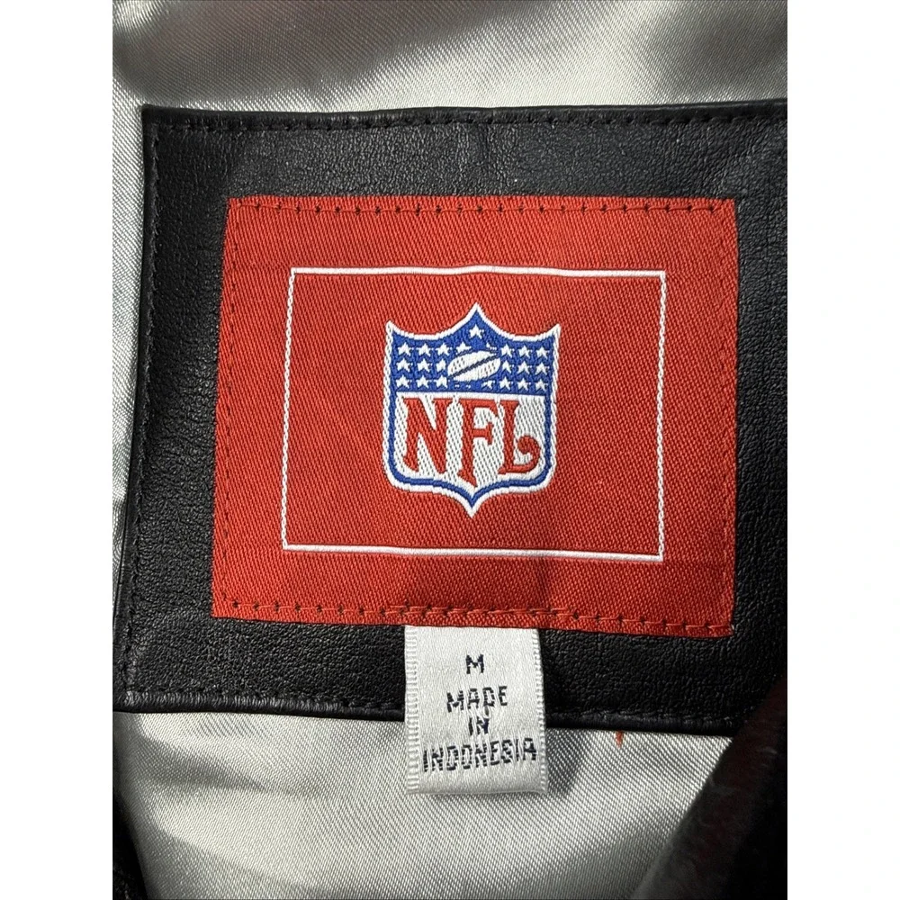 NFL New England Patriots Mens Medium Black Genuine Leather Bomber Jacket EUC